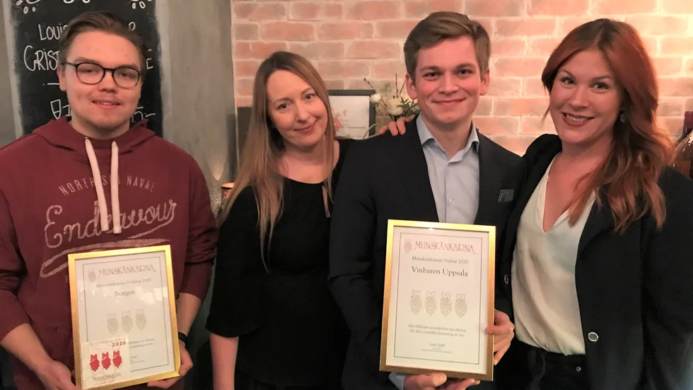 Prisade. Hanna Moberg, sommelier på Vinbaren, Emma Jakoby, krögare på Vinbaren, Theodor Ingvoldstad, sommelier på Vinbaren och Linus Kroon, servitör på restaurang Borgen.
