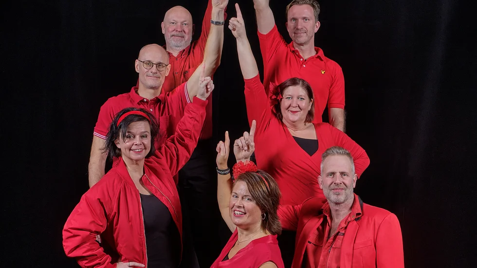 Årets ensemble i Gnestarevyn. Överst, från vänster: Åke Pettersson Sandklef och Fredrik Gustavsson. Mitten: Per Bormark och Eva Lysell. Längst ned: Carina Nilsson, Jenny Wolf och Mats Hammarlöf.
