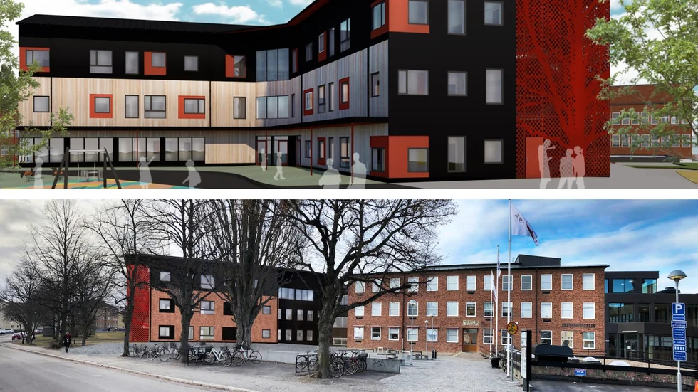Den övre bilden visar den V-formade fasaden mot förskolegården, den nedre hur utbyggnaden ska ansluta till den befintliga skolan. 