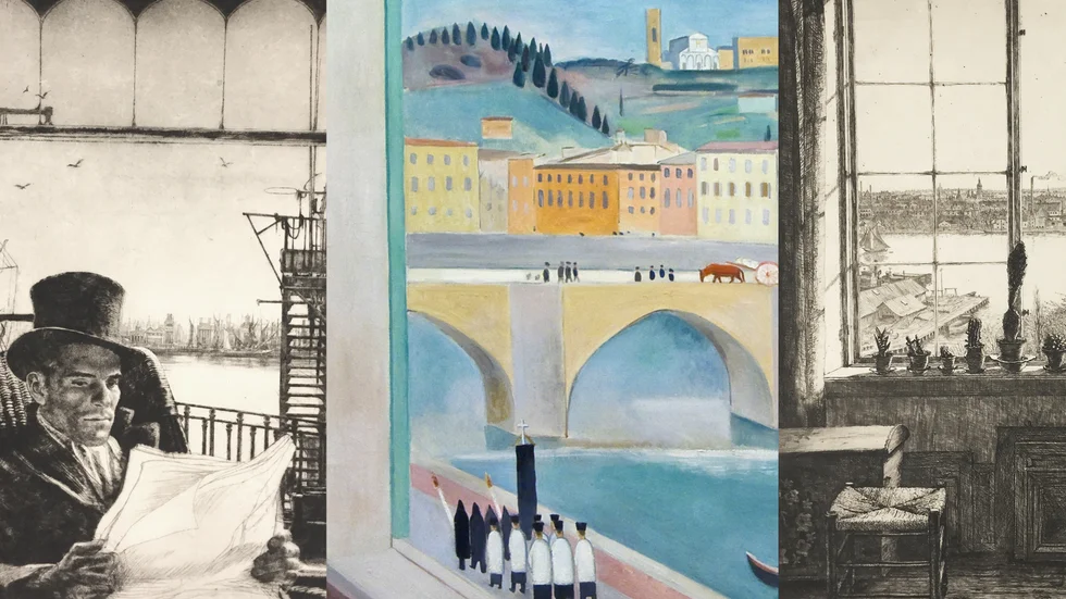 Ur utställningen: Axel Fridell, Mr Simmons (Tidningsläsaren), 1933. Einar Jolin, Begravning i Florens, 1921. Harald Sallberg, I min ateljé, 1929. Hur ser din utsikt ut?