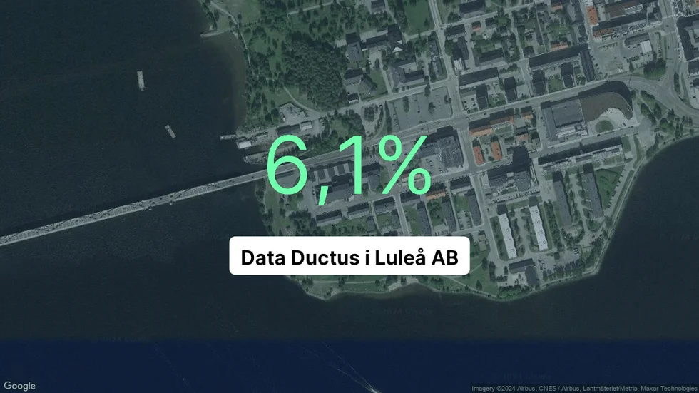 Illustrationen visar rörelsemarginalen för Data Ductus i Luleå för det senaste året. Bakgrunden är en satellitbild över företagets adress.