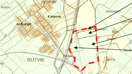Inramade området på kartan markerar föreslaget nytt industriområde, kallat Rutvik Östra. Pilarna anger berörda fastigheter, en är i privat ägo.
