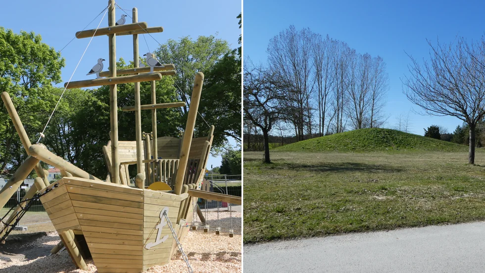 Till vänster upprustad lekplats i Visby, till höger nedlagd lekplats i Slite