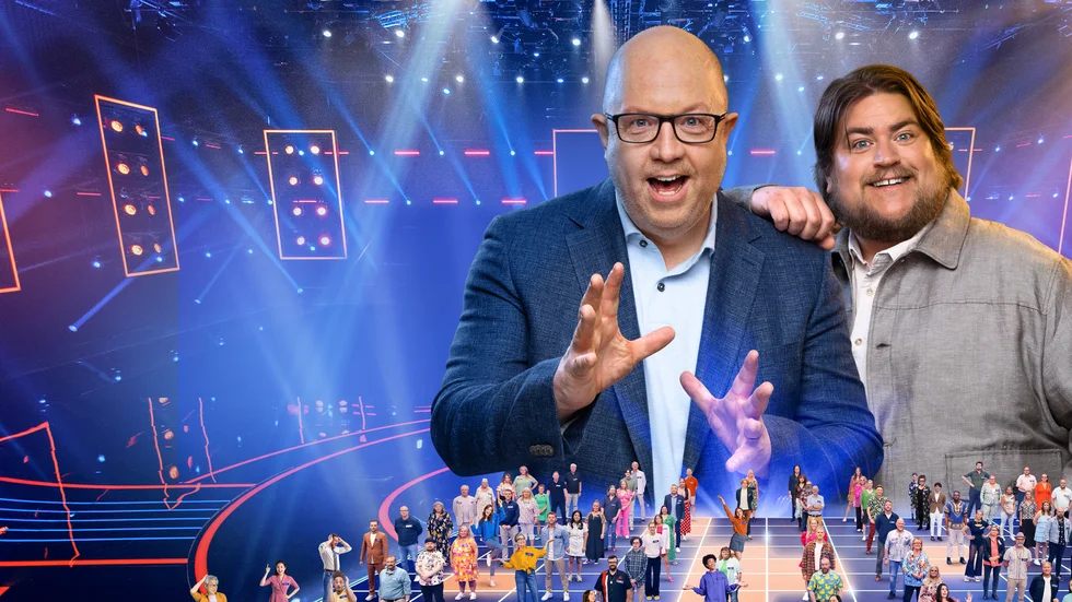 Anders Jansson oxh Erik Ekstrand leder det nya tv-programmet "The Floor", som spelades in i en jättestudio utanför Amsterdam.