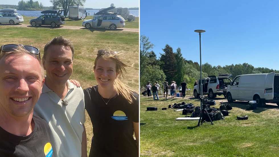 Rickard Hägglund och Erica Hammarlund träffade programledaren Anders Lundin i samband med tv-inspelningen på Hultsfred Strandcamping.