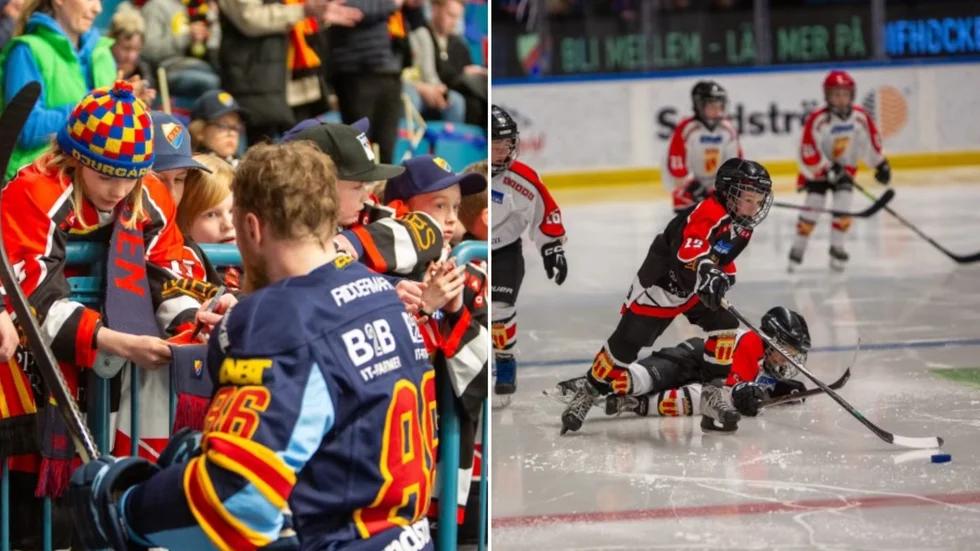 Linus Klasen skriver autograf åt supportern, tillika hockeyknatten, 8-årige Ragnar Nordqvist från Åker/Strängnäs. Bilden till höger är från Å/S internmatch som spelades i en av periodpauserna mellan Djurgården och Brynäs.