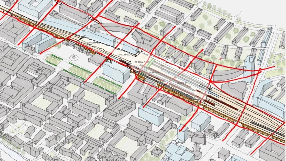 Bilden föreställer framtida Resecentrum med en upphöjd järnväg. Linjerna visar passager under järnvägen.