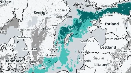 Karta över utbredningen av synliga alger i Östersjön, tisdagen den 25 juni.