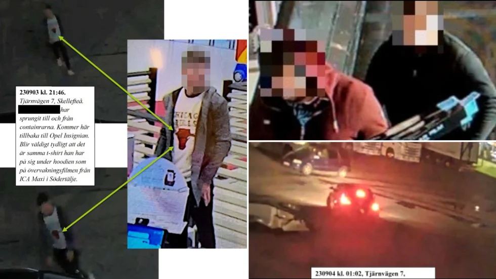 Polisens kartläggning av ligan. Bilden till vänster visar polisens sammanställning där en av männens kläder jämförts från en övervakningsbild i Södertälje och från Tjärnvägen i Skellefteå. Andra bilderna visar när några av männen köper solfilm, som enligt polisen visar att de haft som syfte att dölja insyn i bilarna som männen färdats i samt från en brottsplats på Tjärnvägen i september.