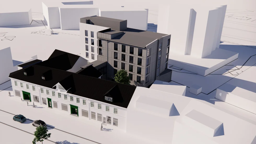 Här är den första skissen från det planerade hotellbygget i centrala Boden. Fastighetsföretaget Tallkvisten AB vill bygga hotellskrapan i två etapper. Initialt handlar det om en fem våningar hög byggnad med plats för 54 nya hotellrum. Boden kommun har startat arbetet med att ta fram en ny detaljplan.