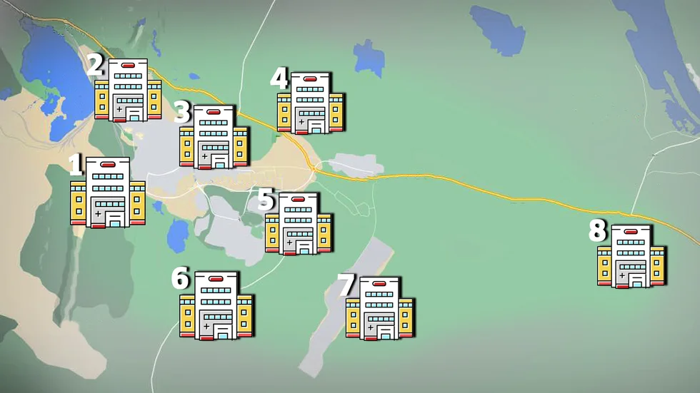 Åtta platser utreddes under en tid. Utredningen fastställde då nummer 5, Nikkaluoktakorset, som Kiruna kommuns val för nytt sjukhus. Regionen önskar istället nummer 4, TGA-området. Men med nya krav så kan man komma att titta på tre av de tidigare skrotade alternativen. 
Markeringarna på kartan är ungefärliga. 1. Kommunförrådet 2. Varggropen 3. NKC, Nya Kiruna centrum 4. TGA-området 5. Nikkaluoktakorset 6. Södra Lombolo 7. Flygplatsen 8. Jokimukka