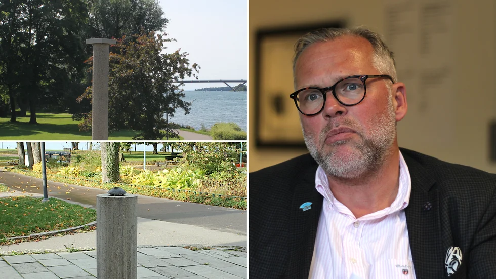 Det gapar tomt i Motala där skulpturen föreställande en trana skulle ha funnits (ovan) och där en björnskulptur förut fanns (nedan). Men de och andra offentliga verk som inte längre kan ses ska komma tillbaka. "På något sätt och i någon form ska vi försöka få till det hela", säger Per Stark (M), ordförande för bildningsnämndens kulturutskott i Motala kommun. 