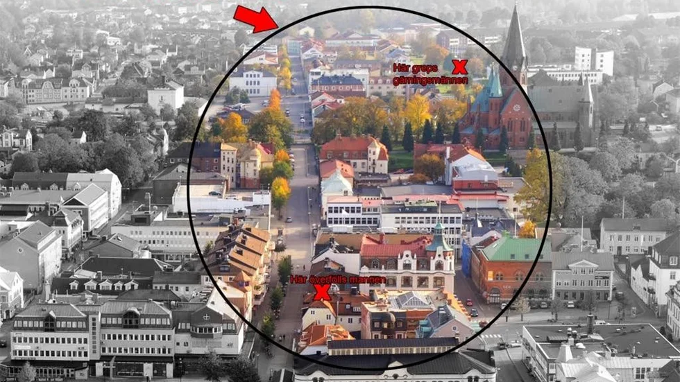 Inom det här området tror polisen att den kniv som användes vid överfallet kan finnas. Gärningsmännen greps i närheten av bostadsområdet Midgård någon timme efter dådet, men hade då inget vapen på sig.