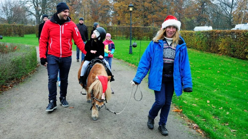 HÄSTRYGGEN. Clara Svensson hoppade upp på hästryggen. Helena Holmstad och pappa Markus Svensson går bredvid.