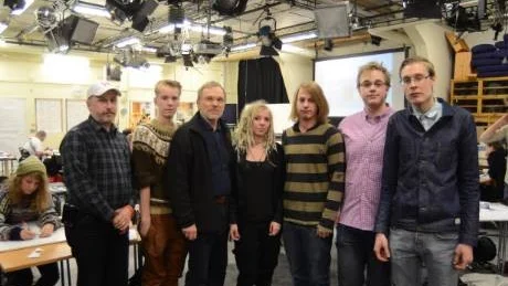 Gruppen som skapat vårens program för Smalspåret i Gamleby. Från vänster: Pelle Liljegren, lärare GTV, David Emt, Stockholm, Stig Forslund, Tjustbio, Emelie Lundström, Örebro, Jesper Bordeman, Eslöv, Jesper Blixt, Sollentuna och Kristian Östlund, Stockholm. Foto:Hans Brandin