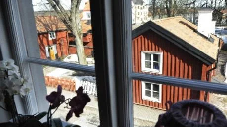 Aspagården ses på andra sidan gatan från köksfönstret.