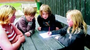 Samarbete i grupp. Kim Eriksson, till vänster, Kristoffer Forss, Gabriel Gustafsson och Evelyn Malm hjälps åt att komma på så många sporter som möjligt.
