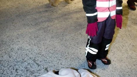 Andrée Frisk, tre år, fick fin transport på sin pulka genom julmarknaden. Storasyster Alexandra Frisk står bredvid.