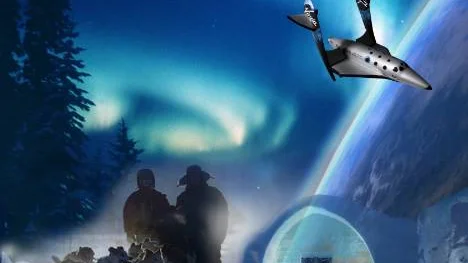 Så här marknadsför sammanslutningen Spaceport Sweden Kiruna som rymd- och turiststad. Norrskenet och ishotellet        är två av anledningarna att Virgin Galactic valde Kiruna som första bas utanför USA.                         Copyright: Spaceport Sweden