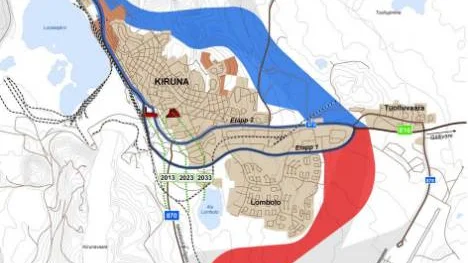 Korridorerna där de nya vägarna i Kiruna ska dras är spikade. Den nya genomfartsleden, E10, (grått fält på kartan) kommer att gå mellan samhället och Luossavaara medan den nya anslutningen till Nikkaluokta (randigt på kartan) ska gå öster och söder om Lombolo.                                                 KARTA: VÄGVERKET