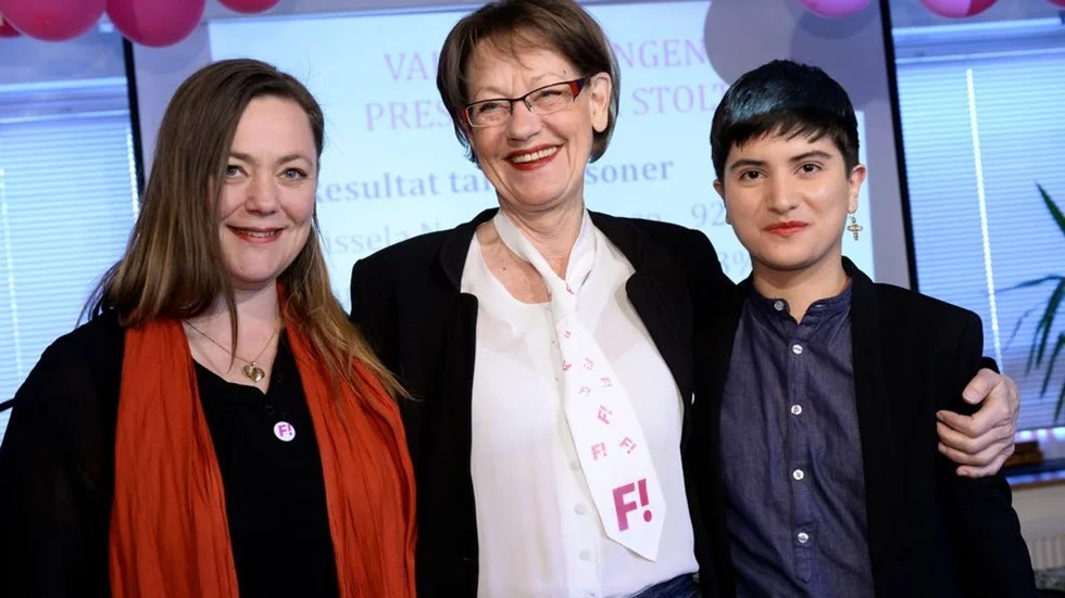 Feministiskt initiativ. Talespersonerna Stina Svensson, Gudrun Schyman och Sissela Nordling Blanco.
