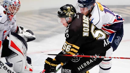 STOCKHOLM 20140208 AIK:s Dennis Nordström framme hos Linköpingsmålvakten Christian Engstrand under  lördagens match i SHL mellan AIK och Linköpings HC på Hovet i Stockholm.
Foto: Sören Andersson / TT / kod 103