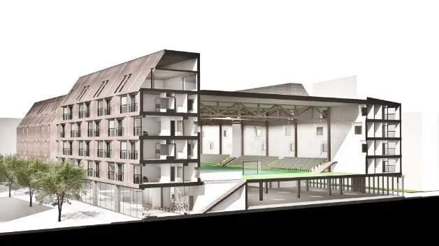 Göteborg blir först i landet med idrottshall som kombineras med studentbostäder. Ritning: SR-B Arkitekter Christian Scott Rasmusson/Björn Ingridsson