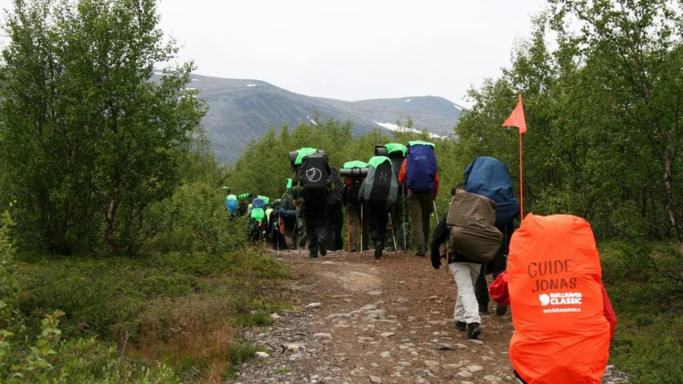 På väg mot Abisko, drygt tio mil bort. Guiden Jonas Hägg är svår att missa med sin vimpel.
