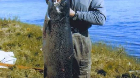 Jättelax i Torne älv. Aleksi Kusmin vann laxklassen med denna 18-kilosbjässe.