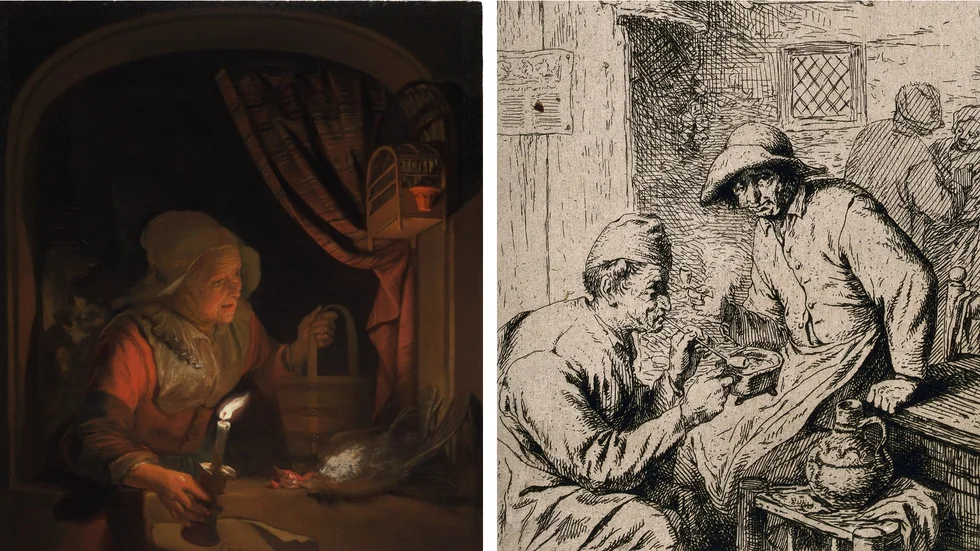 Änkan Margareta och skaffaren och skräddaren innan Lorentz kom in. Målning och gravyr från 1600-talet. 