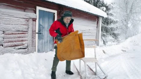Frida Esperi har tillverkat vedhämtaren som fungerar ihop med sparken. "Hur skulle jag få in veden med rullatorn, det skulle aldrig gå" säger hon.FOTO: Göran Ström