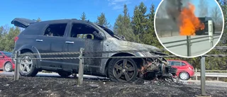 Bil började brinna på E20 – stora lågor slog upp