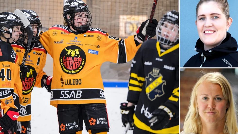 Noora Tulus, Emma Nordin och Ronja Savolainen. Till höger i bild syns veckans gäster i vår podcast Ett stenkast från Delfinen i Melinda Olsson och Johanna Olofsson.