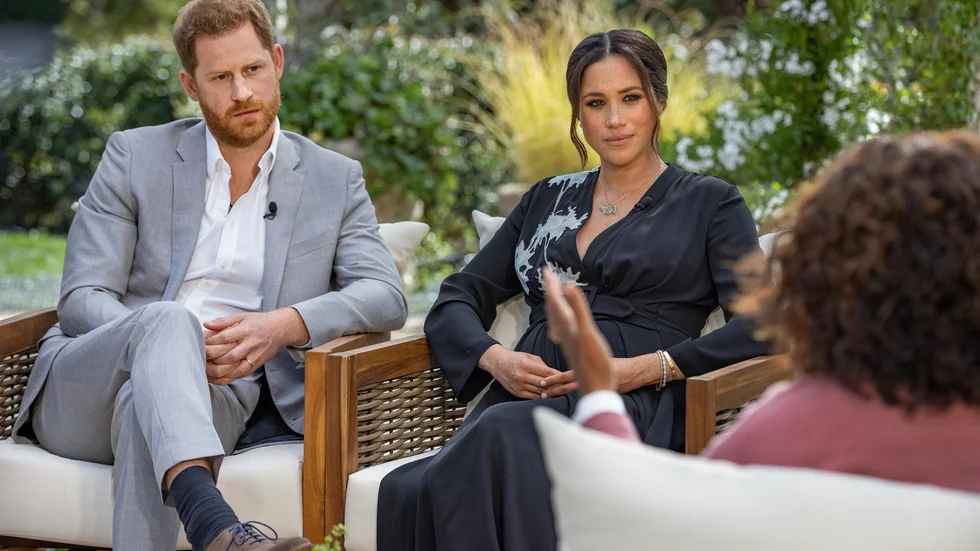 Meghan Markle, hertiginna av Sussex, med maken prins Harry, under intervjun med Oprah Winfrey.