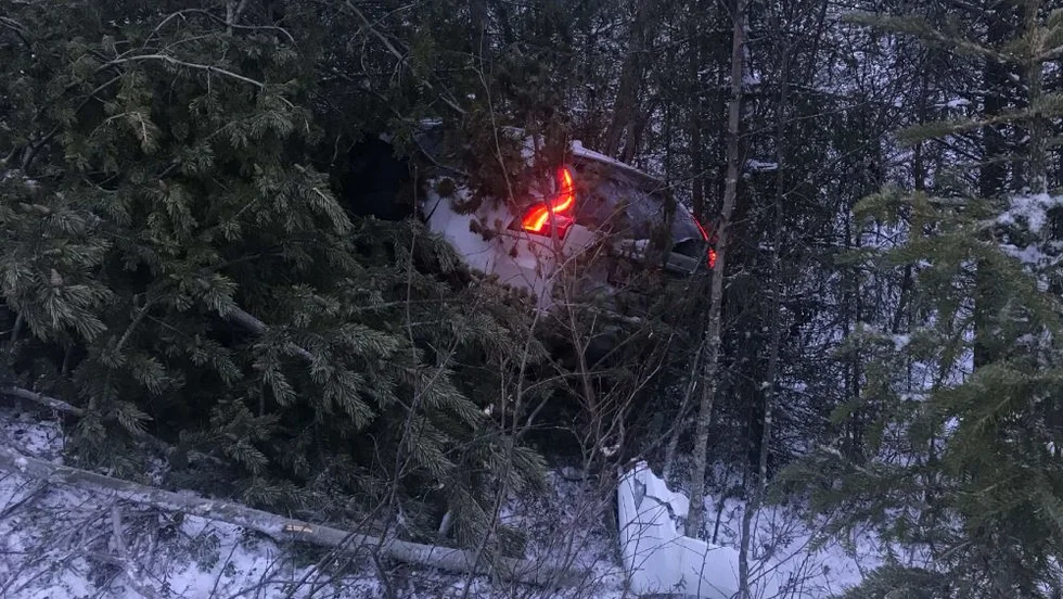 Bilfärden slutade när bilen kilats fast emellan ett par träd. 