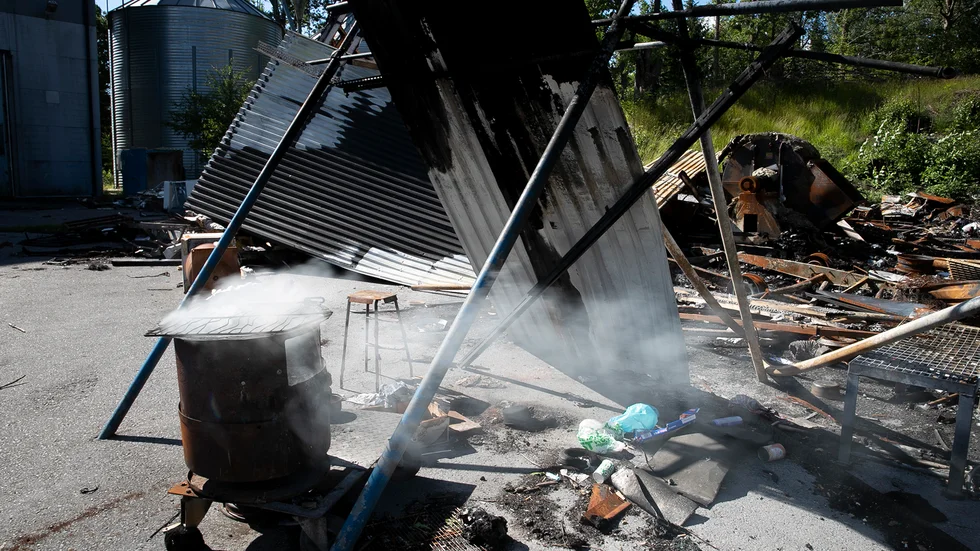 På bilden en rykande eld från att en EU-migrant kokat morgonkaffe vid den olovliga bosättningen i Stigtomta.  Situationen som helhet är ett humanitärt och rättsligt misslyckande.
