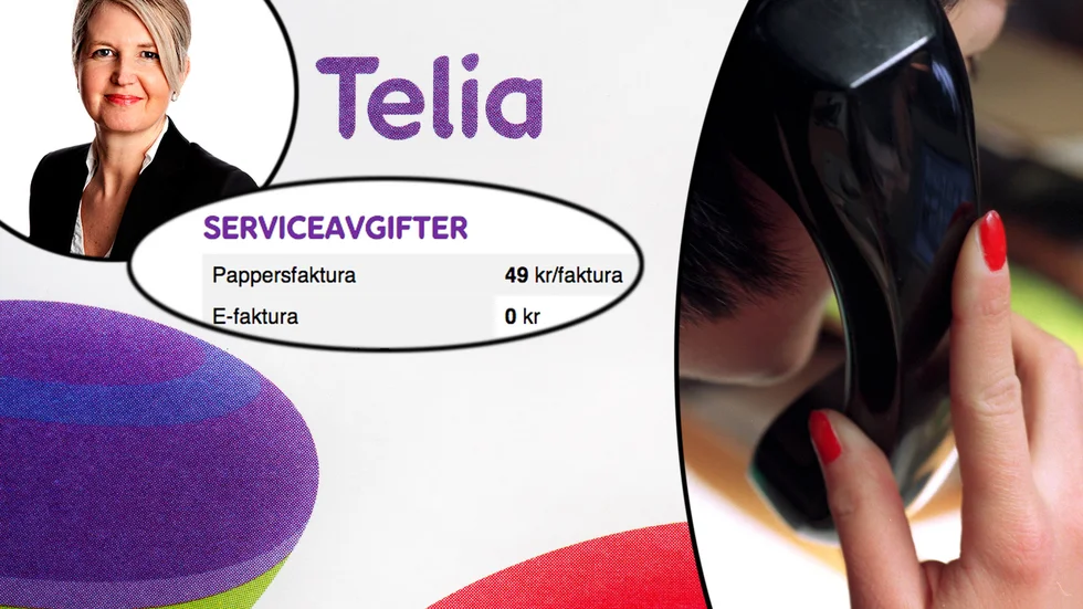 "Varje månad får jag en pappersfaktura på 329 kronor för telefonen plus en fakturaavgift på 49, i månaden. Även när jag nu har gått över till autogiro fortsätter de att skicka pappersfaktura till mig varje månad, fast att jag inte vill ha det.", säger Allis Johansson. På bild Inger Gunterberg, pressansvarig på Telia.