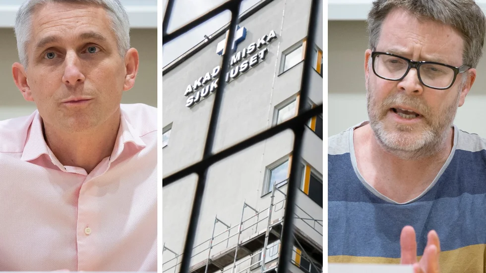 I dagsläget vårdas 135 personer på sjukhus för covid-19 i Region Uppsala. Av dem vårdas 17 på intensiven. T v Fredrik Sund, verksamhetschef på infektionskliniken på Akademiska, t h Johan Nöjd, smittsskyddsläkare i Region Uppsala.