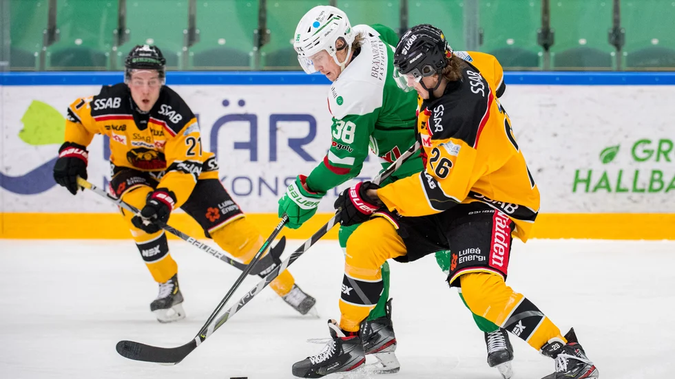 Luleås Juhani Tyrväinen och Radek Muzik i en duell med Rögles Erik Andersson.