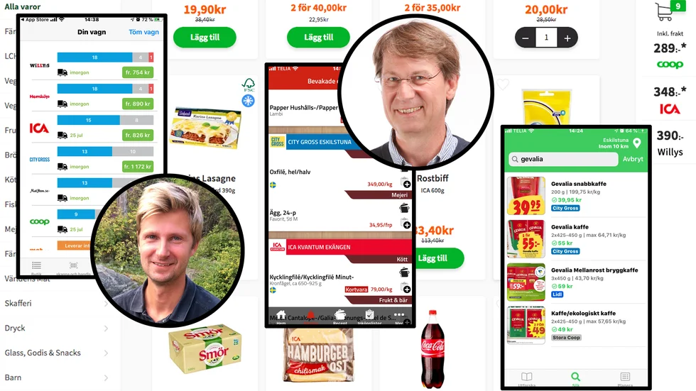 Matspar finns endast som hemsida, bilden i bakgrunden. Nätmat och Herman Jansson på bilden till vänster. Matpriskollen och Ulf Mazur på bilden i mitten. Shopgun på bilden till höger.