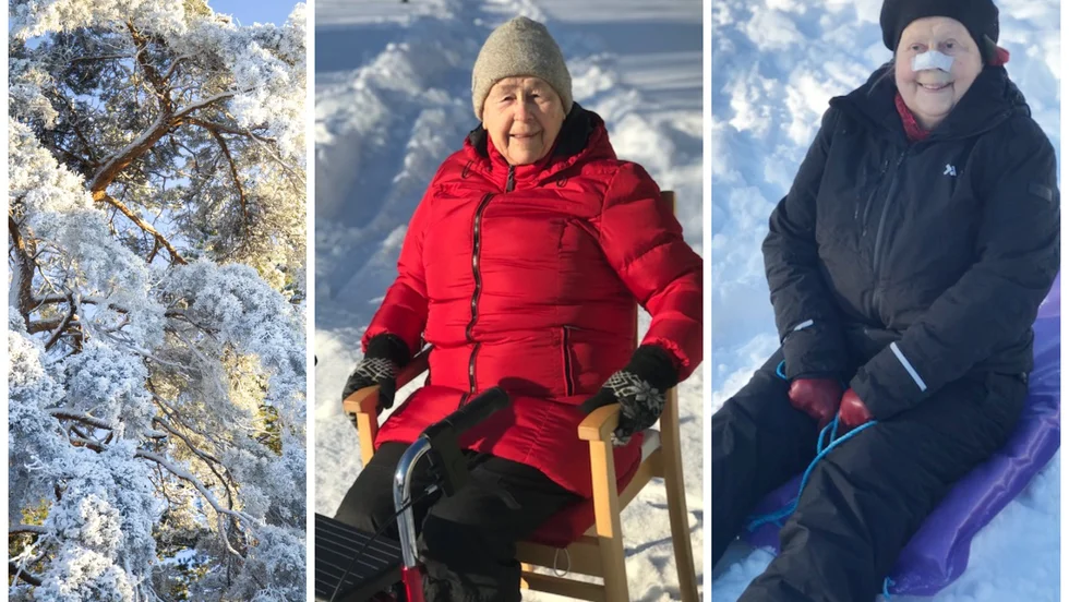 Birgit Fredriksson (t.v) som ska fylla 91, och Marketta Hautaniemi som fyller 80 under året, var två av de boende på Nynäsgården som åkte pulka i vintervädret.