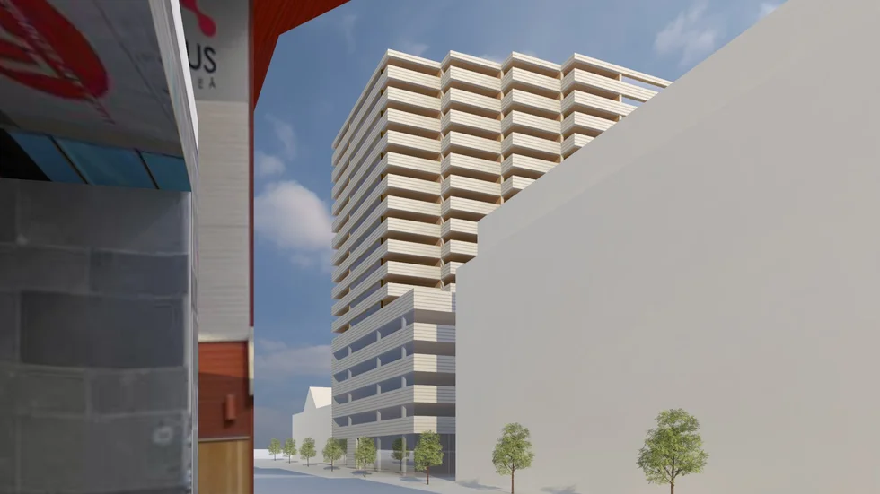 Så var det tänkt att Luleås nya höghus skulle ha sett ut, men nu har Balticgruppen skrotat planerna. Skissens perspektiv är hämtat från kulturhusets trappa. Den vita byggnaden till höger ska föreställa Clarion hotell som inte var byggd när skissen gjordes. 