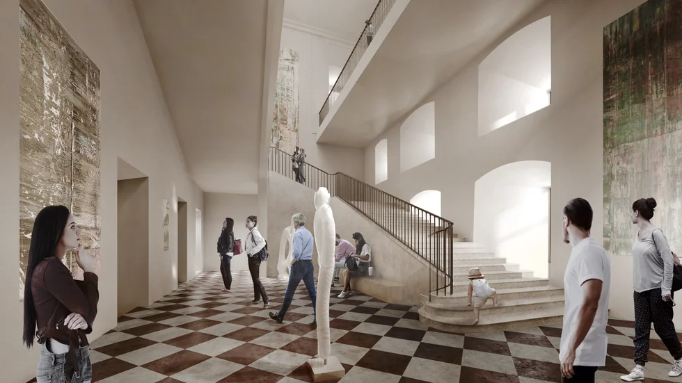 Illustration på den entré som det historiska centret skulle dela med konstmuseet enligt förslaget.