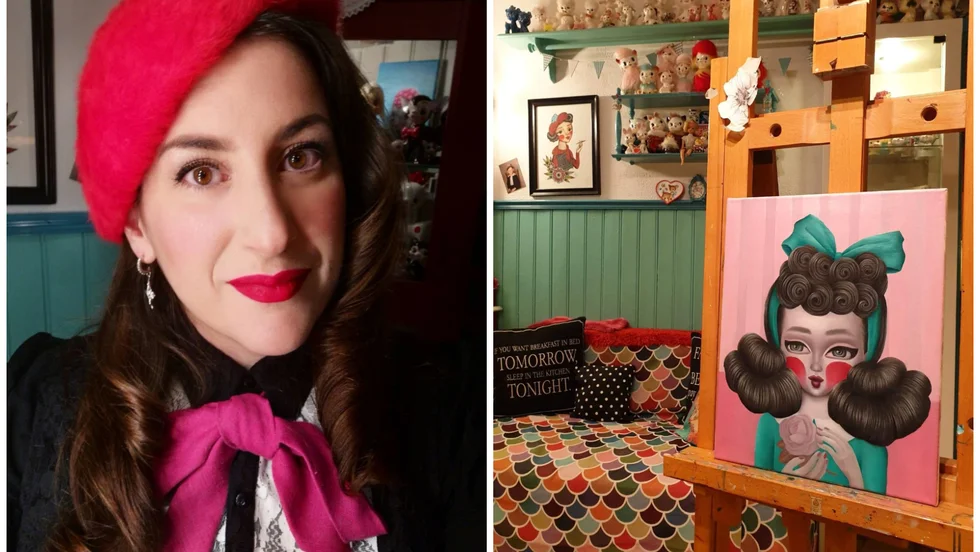 Jag är inspirerad av det som jag älskar mest i livet : vintagekulturen, 50-tals kitsch, traditionell tattoo art, vintage och nutida mode, vintageinredning och blommor, säger  Anna Klimentidou Thomasson. 