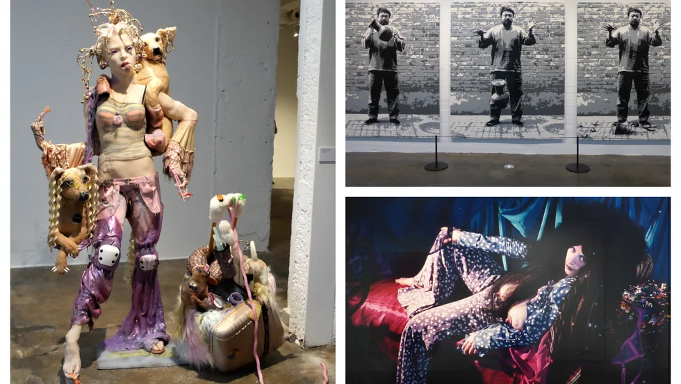 Cajsa von Zeipels utmanande verk "I'm taking the kids" (2019), den kinesiska konstnären Ai Weiweis triptyk av legobitar "Dropping a Han Dynasty Urn" (2016) och en av Cindy Shermans många förklädnader "Untitled" (1993)