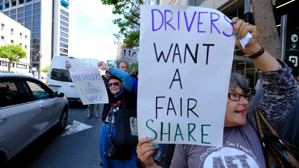 Förare för Uber och Lyft i en protest mot osäkra villkor i San Francisco i Kalifornien tidigare i år. Arkivbild.