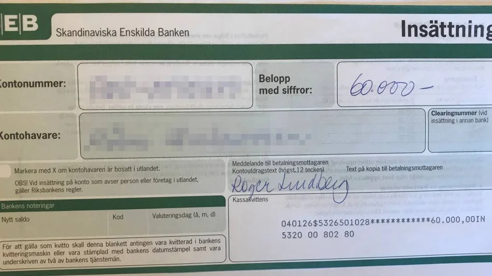 ... sedan for man in till Piteå samma dag, till SEB, och överförde hela summan till Bertil för påstådda ”oreglerade skulder”.