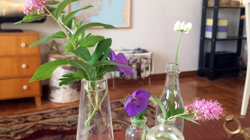 Blommor i små vaser.