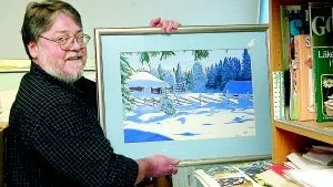 Tecknar fantomen i Åby. Den här tavlan sålde Lennart Moberg till Ikea. Sedan dess får han vara beredd på att den dyker upp både här och där.
FOTO: JANNE FORSBY (011-200 464)
janne.forsby@folkbladet.se