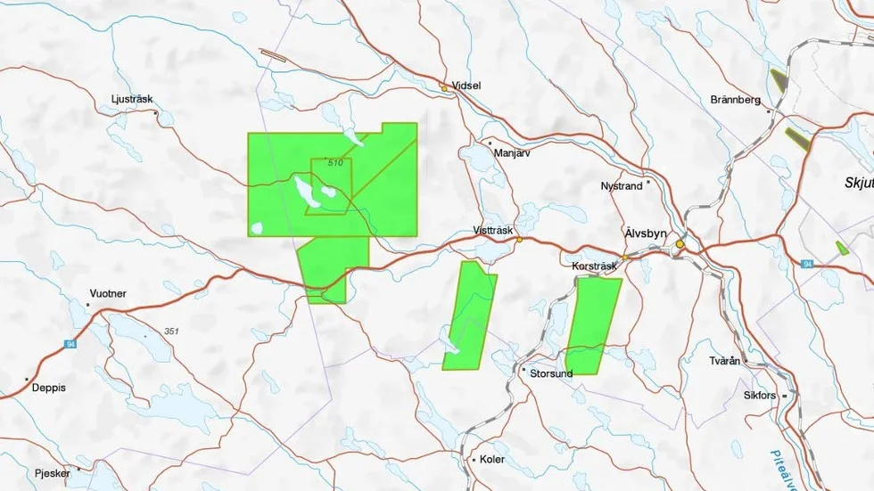 Tillstånd. Det stora området högst upp är Laver. Det lilla området under är Sarvastjärnen som tillhör Orezone AB. Längst till höger ser ni Stavsträsk och det i mitten är Finntjärn­liden.